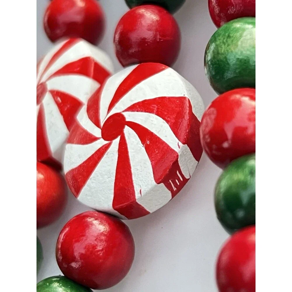Vintage 8 Ft Wooden Christmas Garland Hand Painted Peppermint Candy Beads